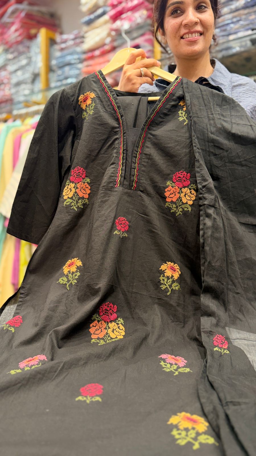 Black Floral Embroidered Suit Set