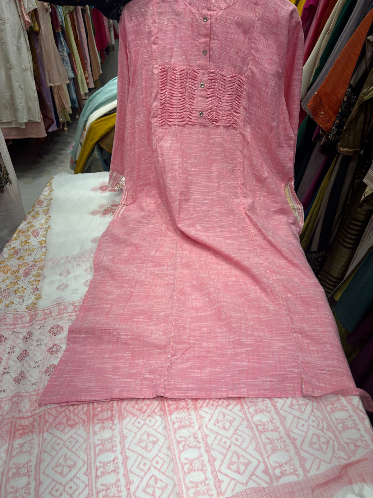 The Pleated Poetry – Handloom Suit Set with Kota Dupatta