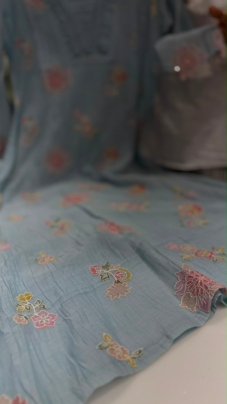 Petal Mist Embroidered Mul Chanderi Suit Set