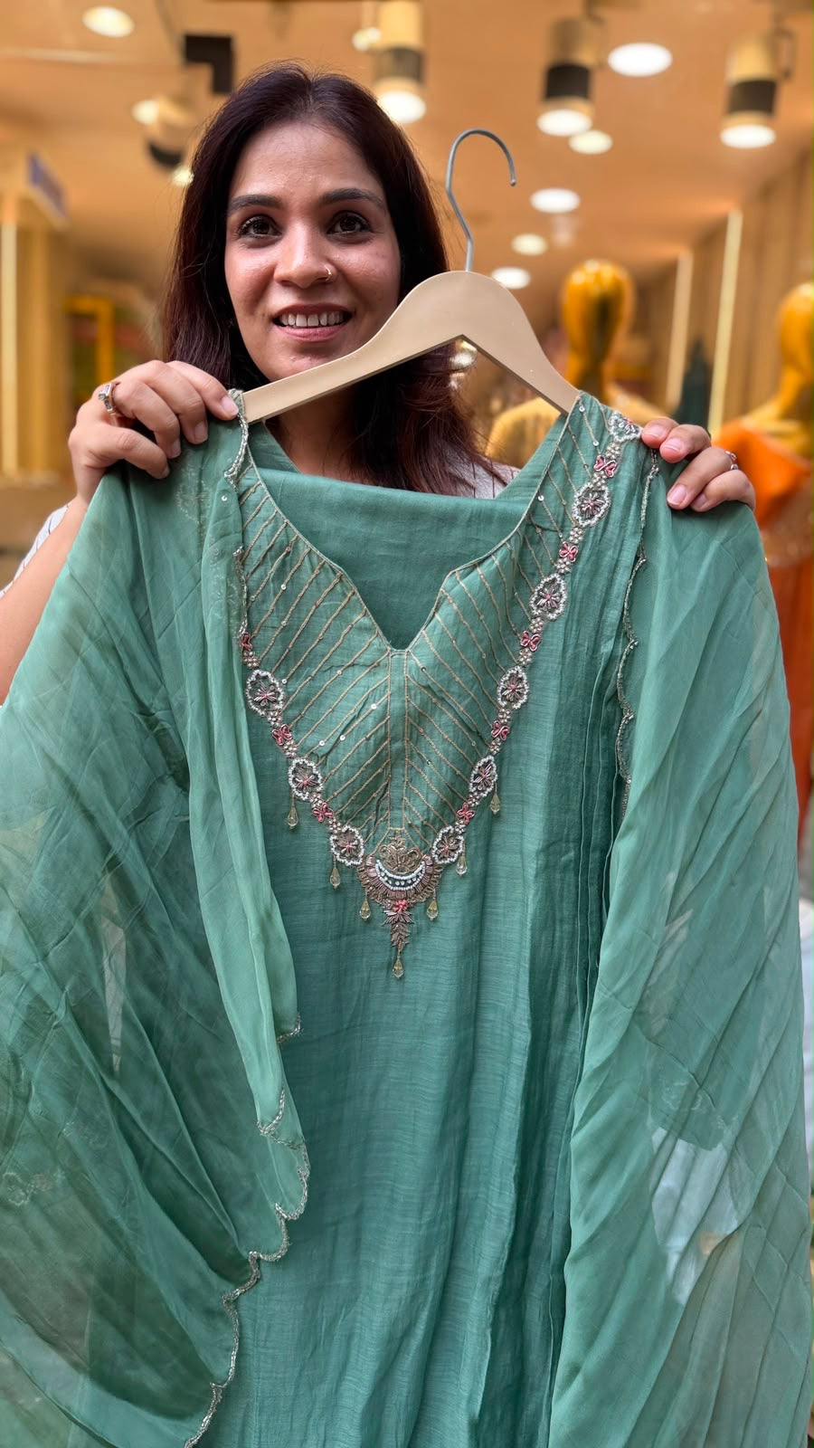 Verdigris Reverie – Hand-Embellished Mul Chanderi