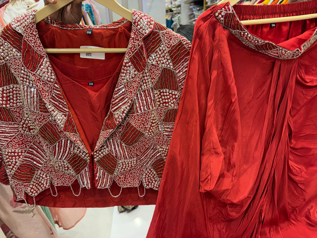 Crimson Beyond Ordinary – Luxury Dhoti Skirt Set { Limited Edition }
