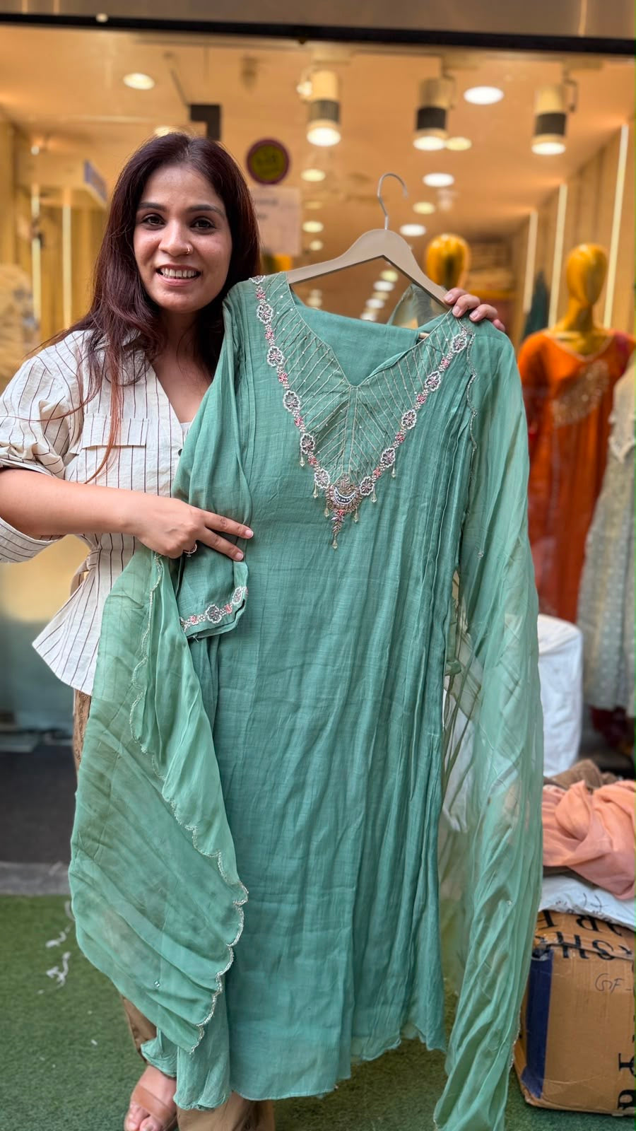 Verdigris Reverie – Hand-Embellished Mul Chanderi