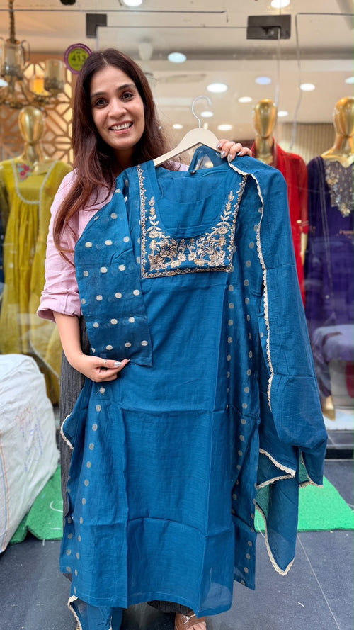 Blue, Precisely – Mul Chanderi Suit Set