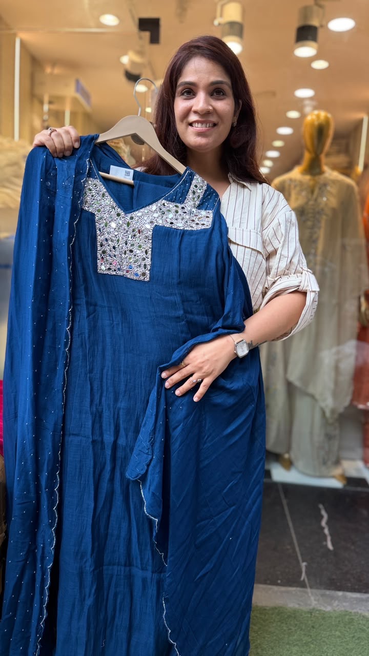 Azure Heirloom Mirror Mul Chanderi Suit