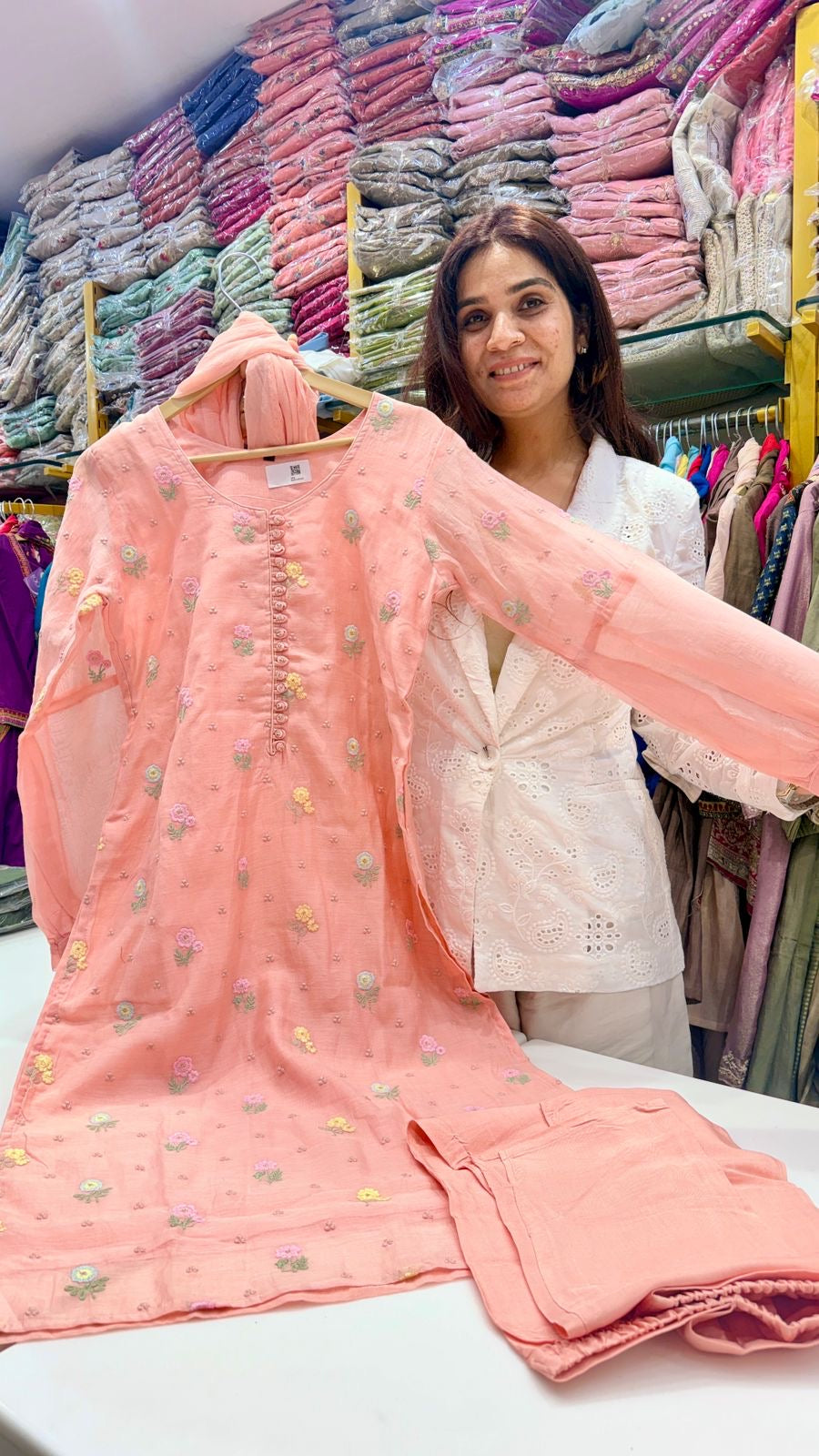 Peach Blossom Mul Chanderi Suit Set