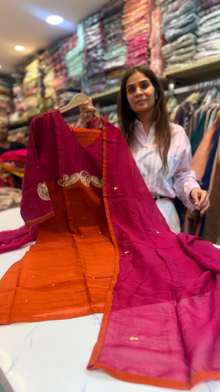 Where Colours Meet in Gold – Mul Chanderi Suit Set ✨