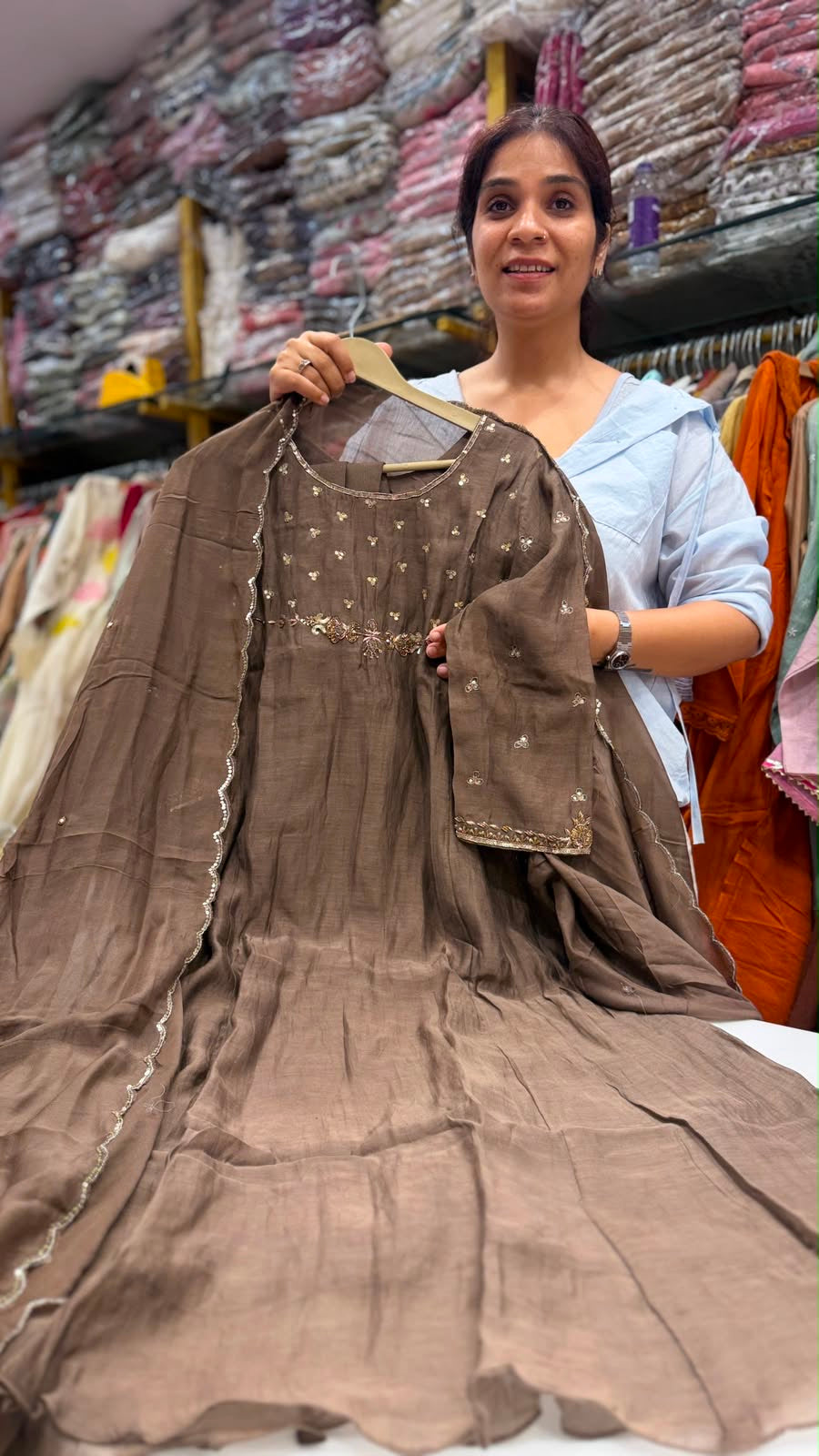 Moss & Mocha Heirloom – Mul Chanderi Suit Set