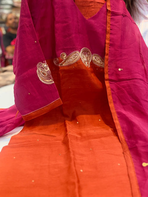 Where Colours Meet in Gold – Mul Chanderi Suit Set ✨