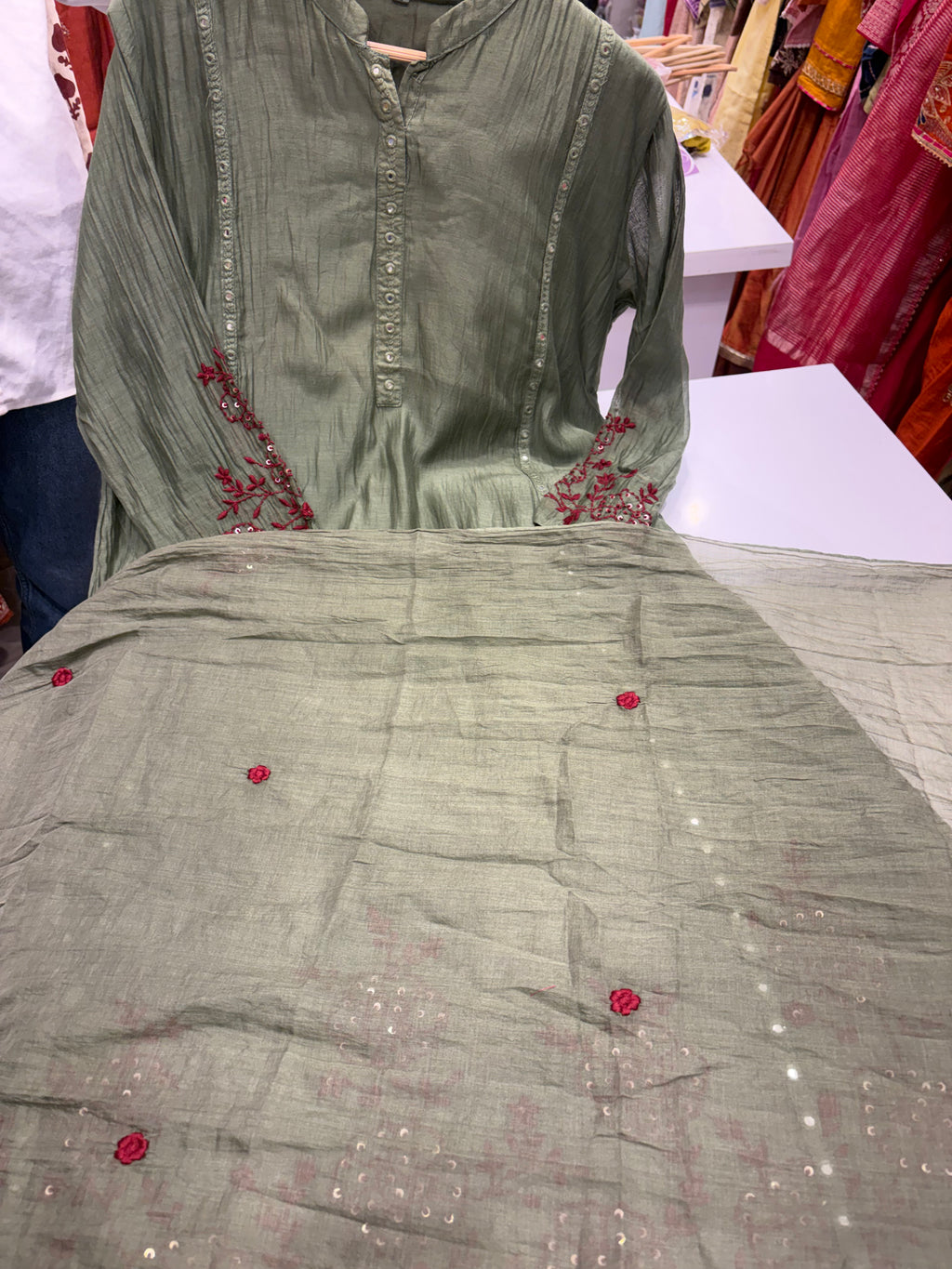 Where Olive Meets Crimson – Embroidered Suit Set ⭐