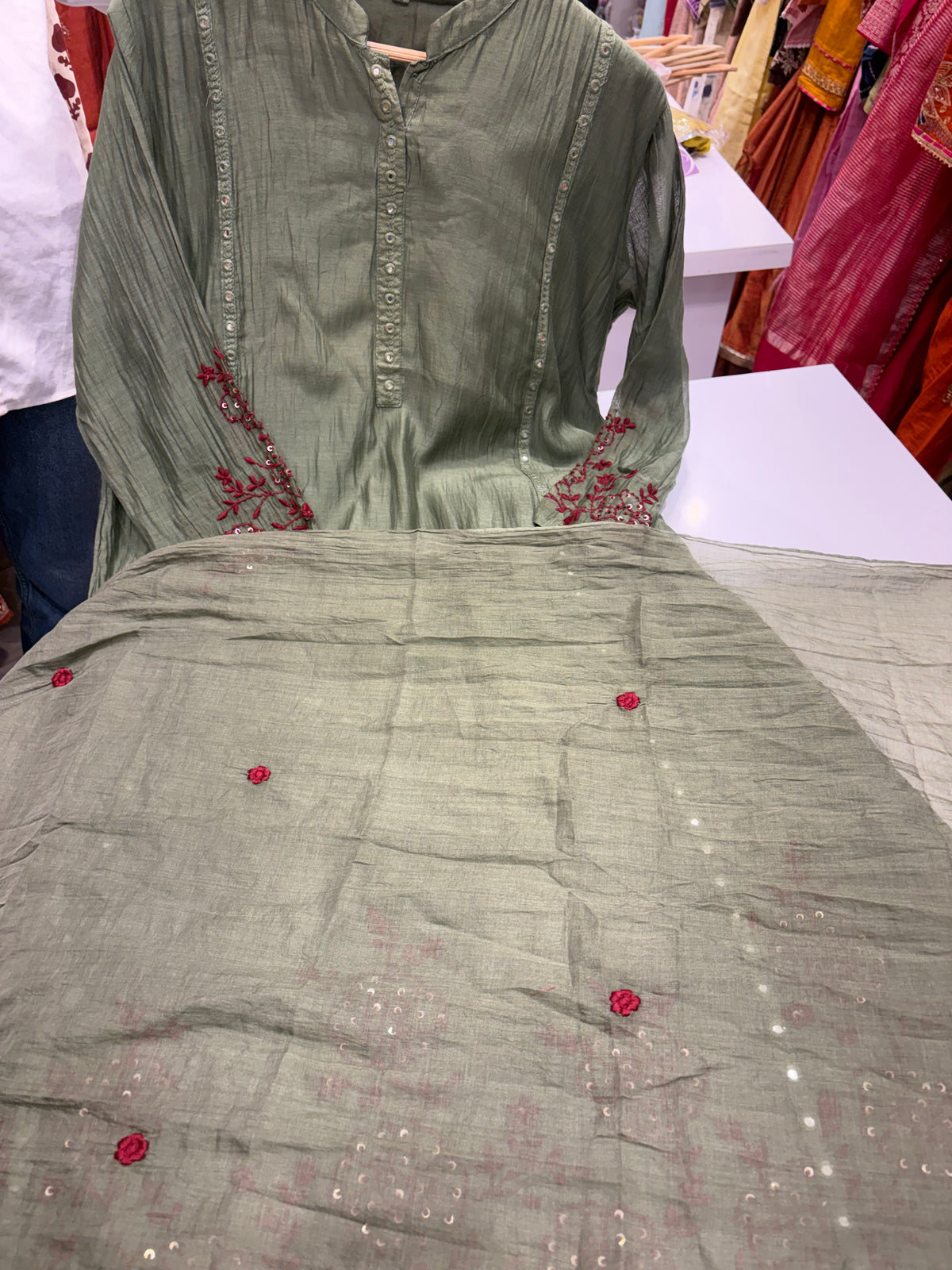 Where Olive Meets Crimson – Embroidered Suit Set ⭐