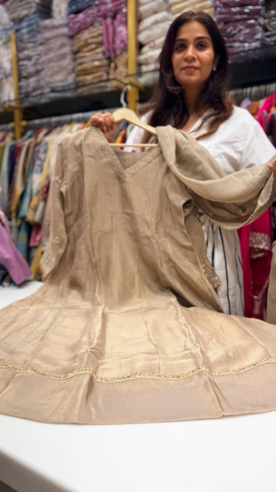 Champagne Glow Mul Chanderi Suit Set