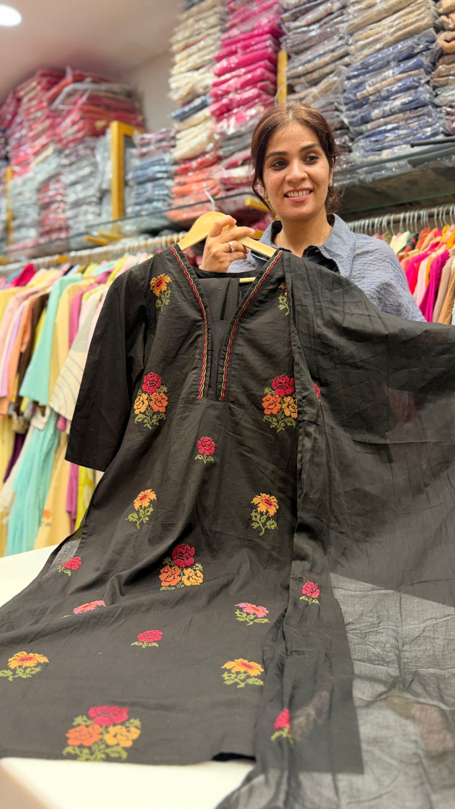 Black Floral Embroidered Suit Set