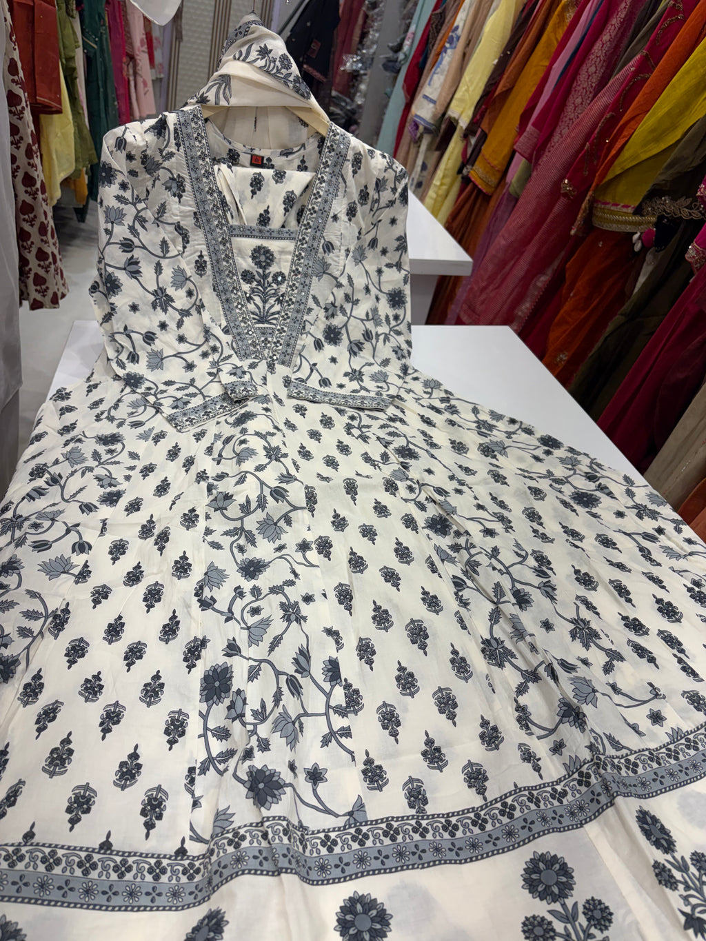 Ink Finds Ivory – Printed Anarkali Suit Set ⭐