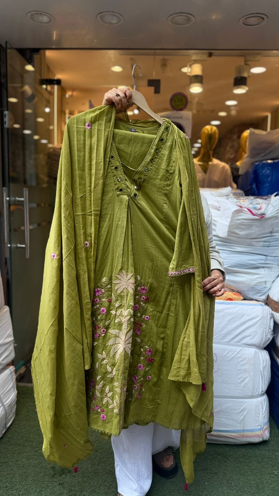 Palm Garden Embroidered Cotton Suit Set
