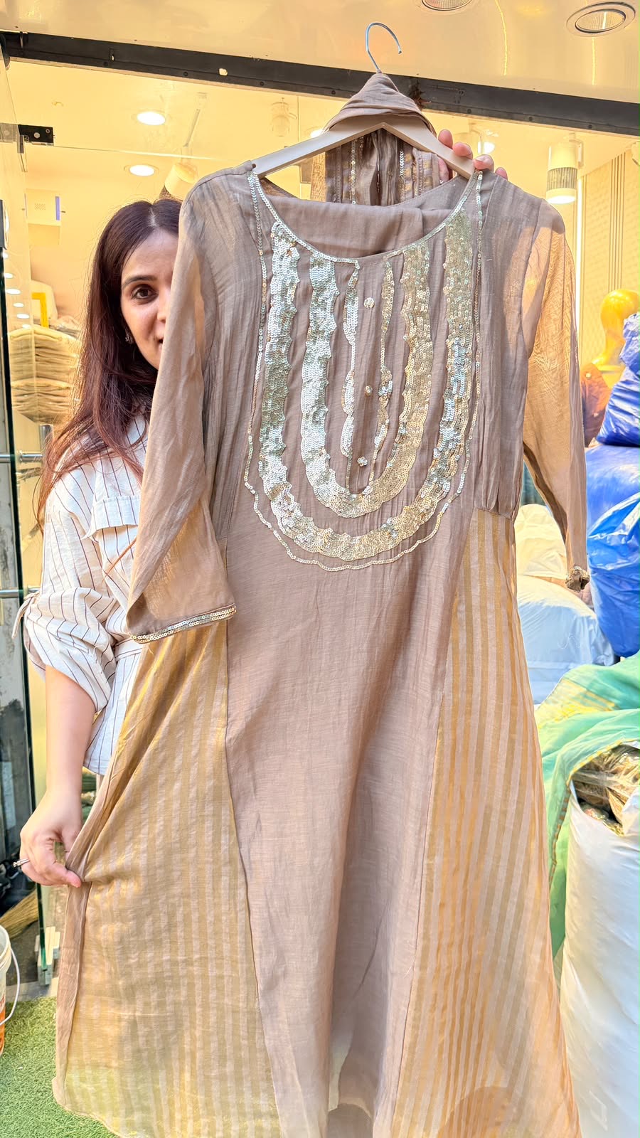 Seafoam Gold / Mocha Gold Mul Chanderi Suit Set