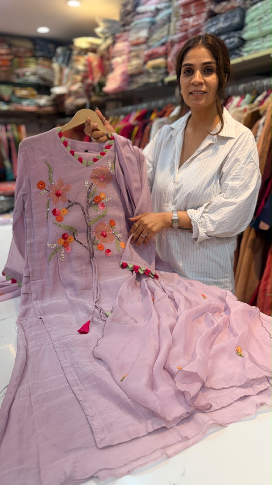 The Blooming Contrast – Double Layer Mul Chanderi Suit Set ⭐