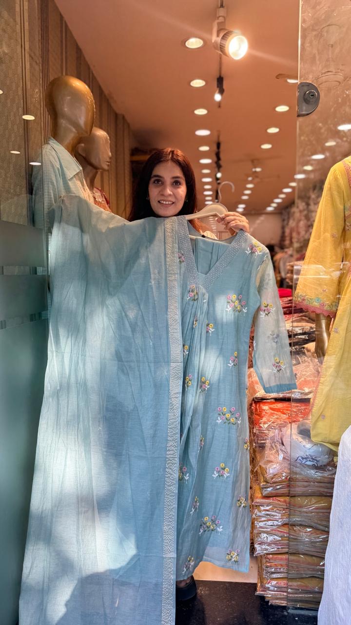 Sky Affair Mul Chanderi Suit Set