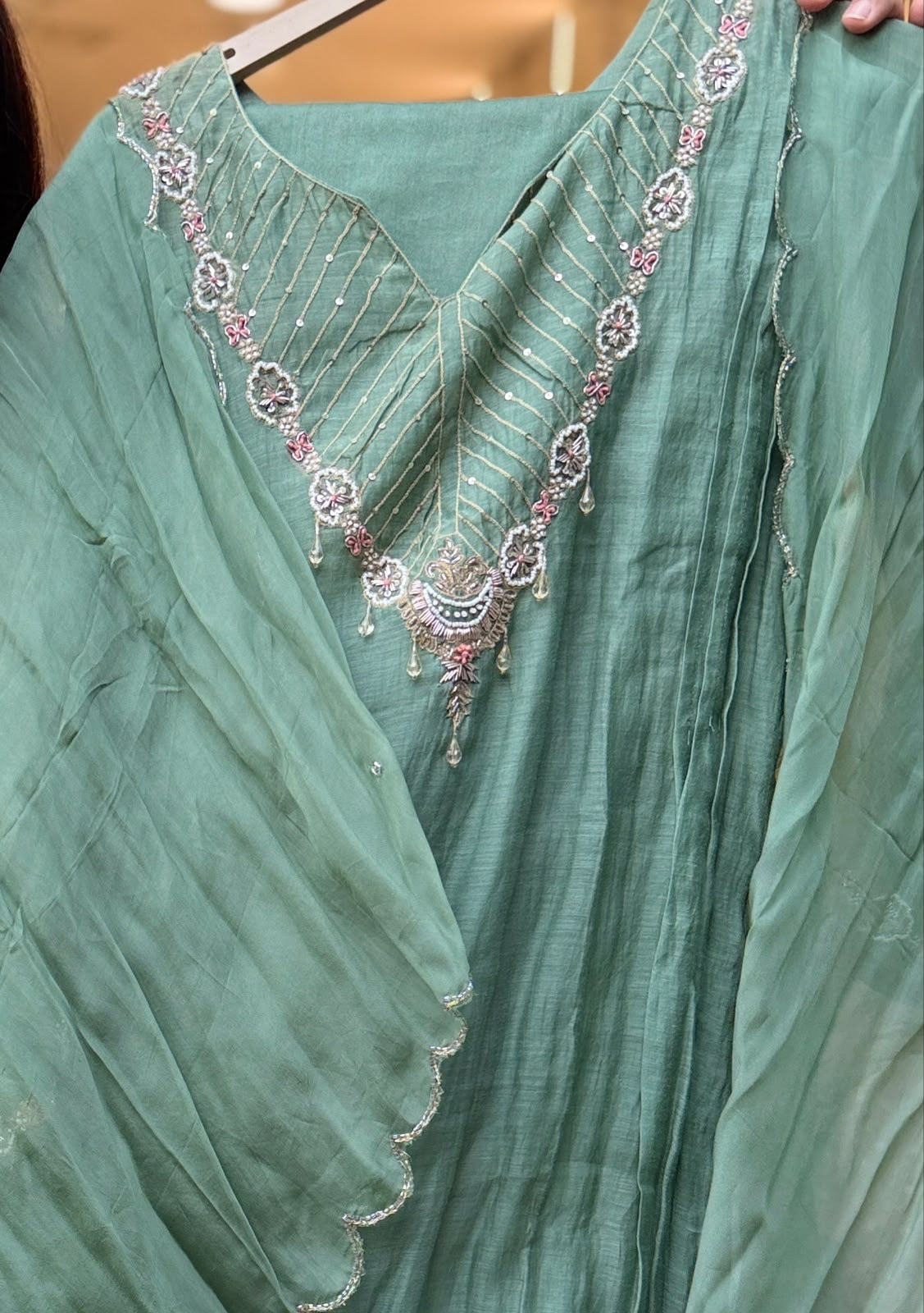 Verdigris Reverie – Hand-Embellished Mul Chanderi