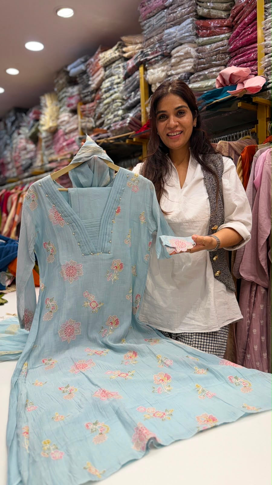 Petal Mist Embroidered Mul Chanderi Suit Set