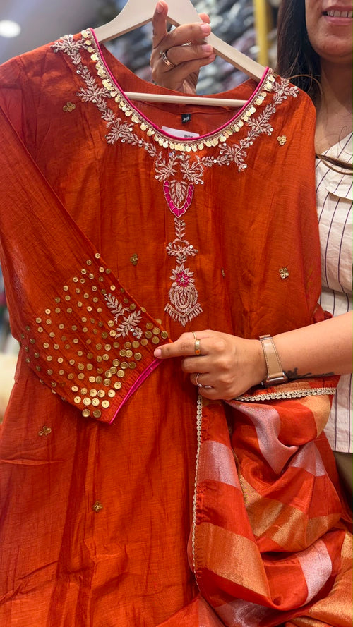 Olive Ember Mul Chanderi Suit Set