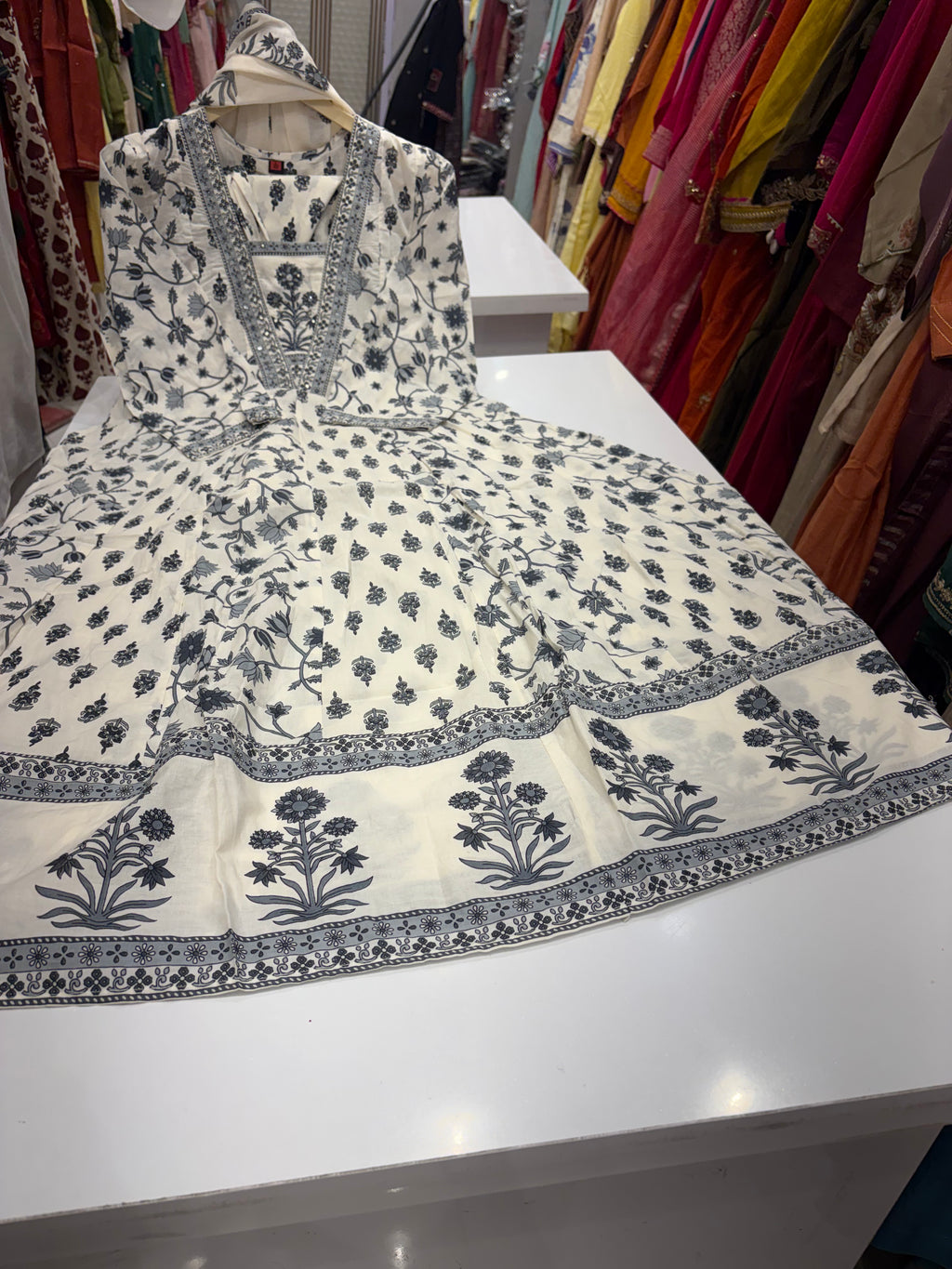 Ink Finds Ivory – Printed Anarkali Suit Set ⭐