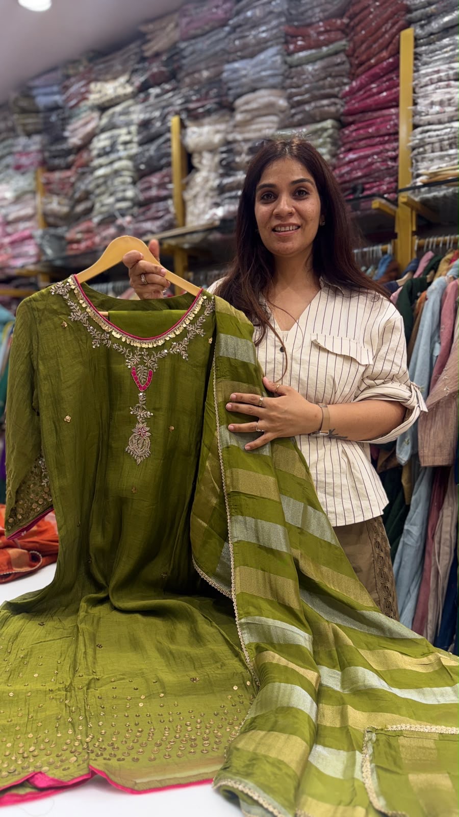 Olive Ember Mul Chanderi Suit Set