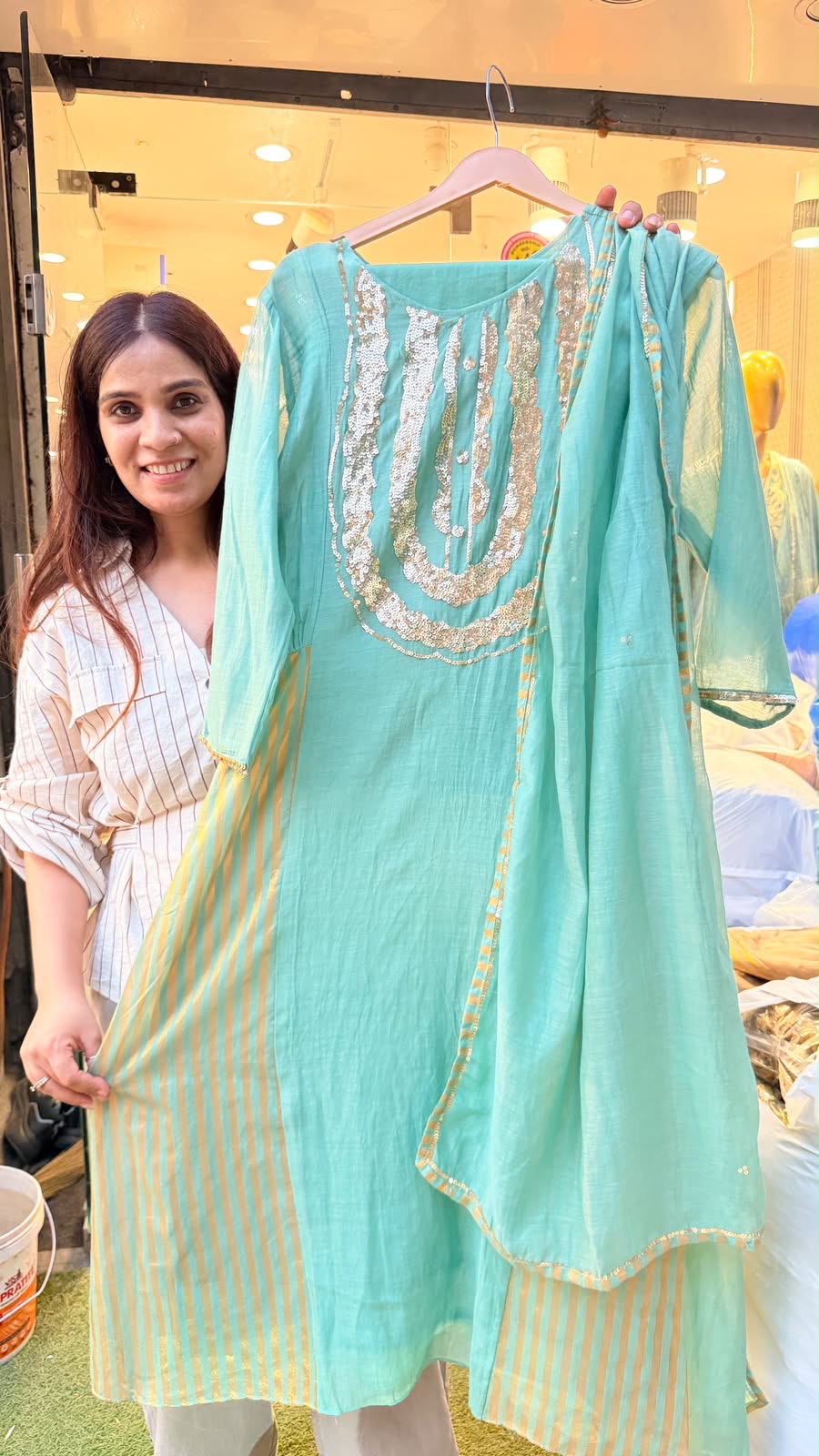 Seafoam Gold / Mocha Gold Mul Chanderi Suit Set