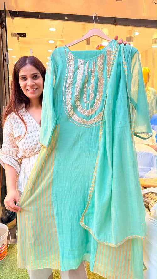 Seafoam Gold / Mocha Gold Mul Chanderi Suit Set