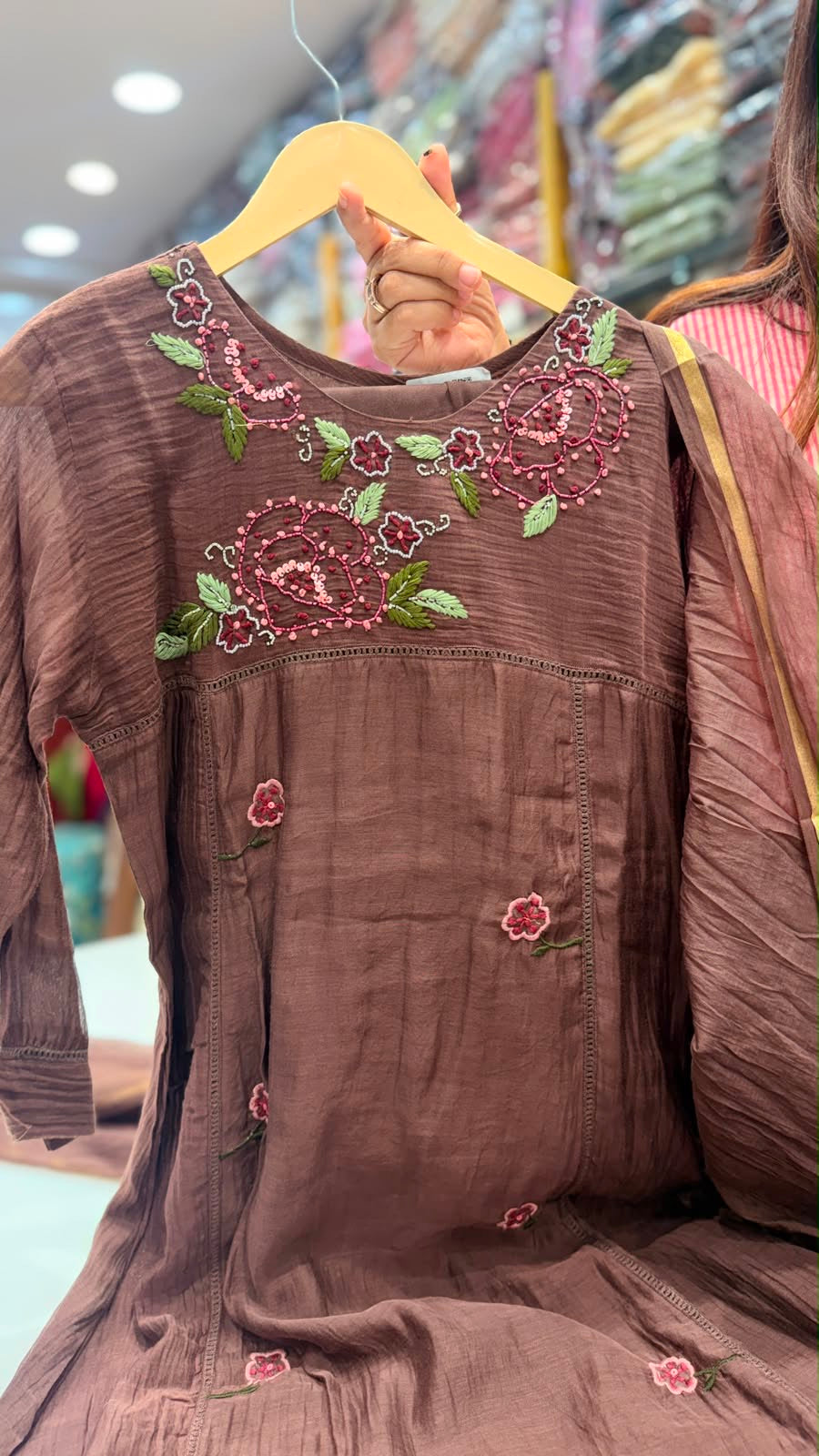 Mocha Petals Mul Chanderi Suit Set