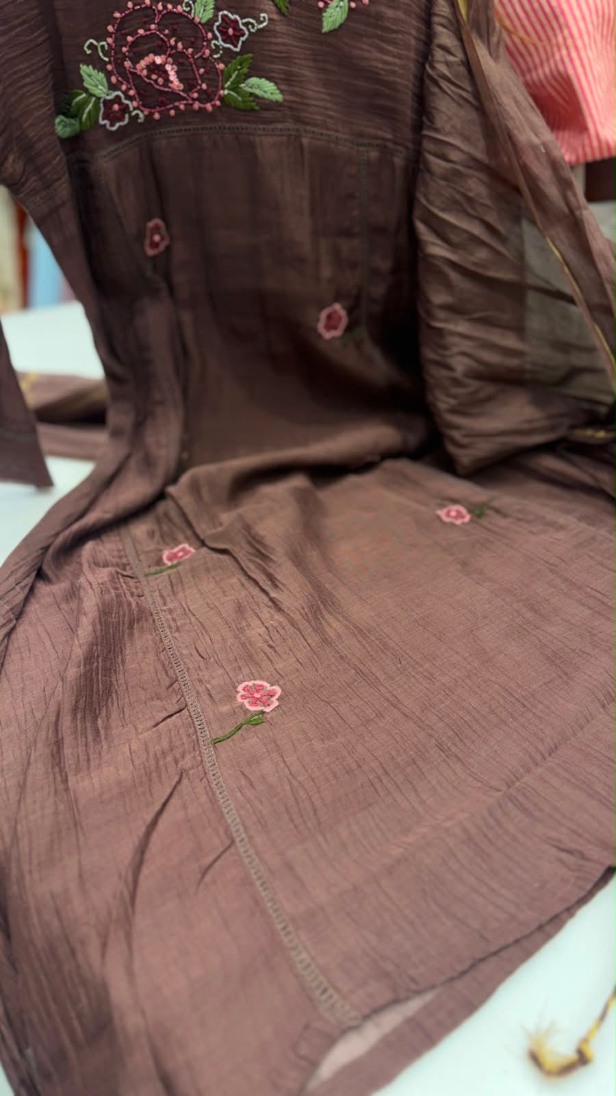 Mocha Petals Mul Chanderi Suit Set