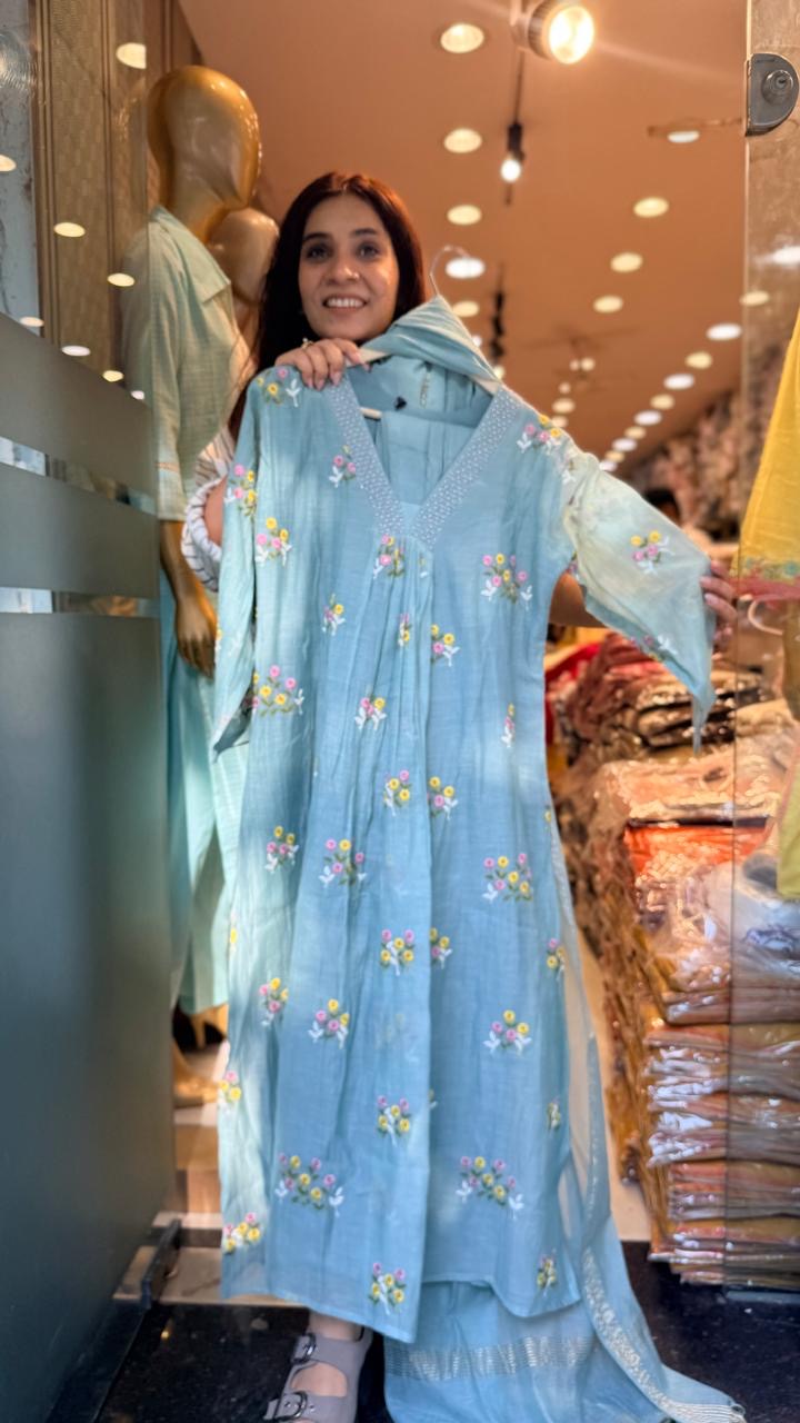 Sky Affair Mul Chanderi Suit Set