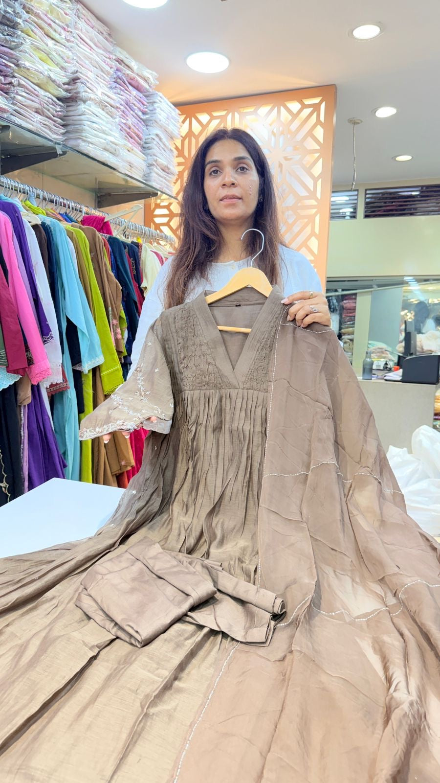 Olive Mocha / Grace Ivory Mul Chanderi Suit Set