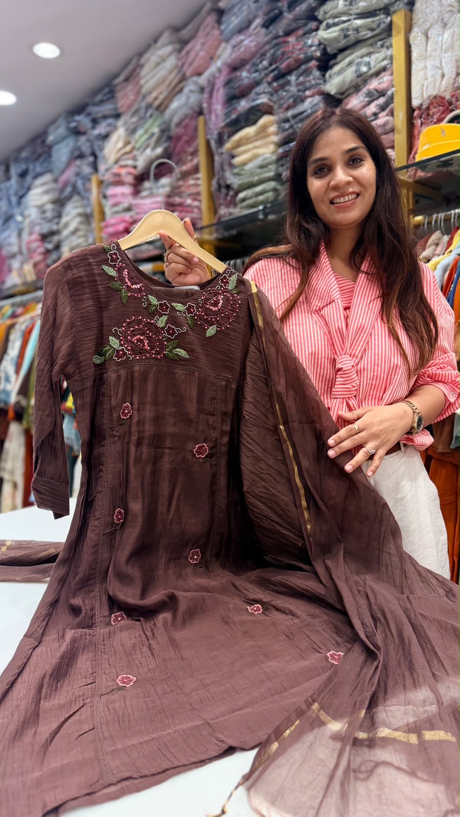 Mocha Petals Mul Chanderi Suit Set