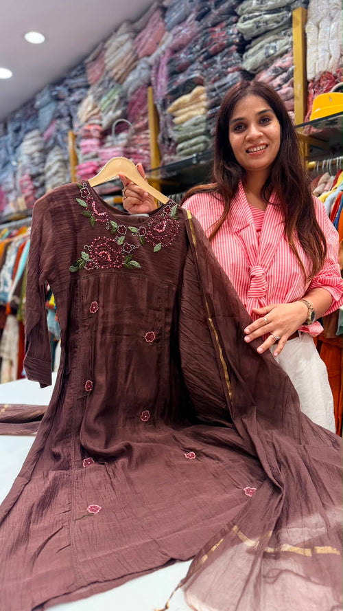 Mocha Petals Mul Chanderi Suit Set