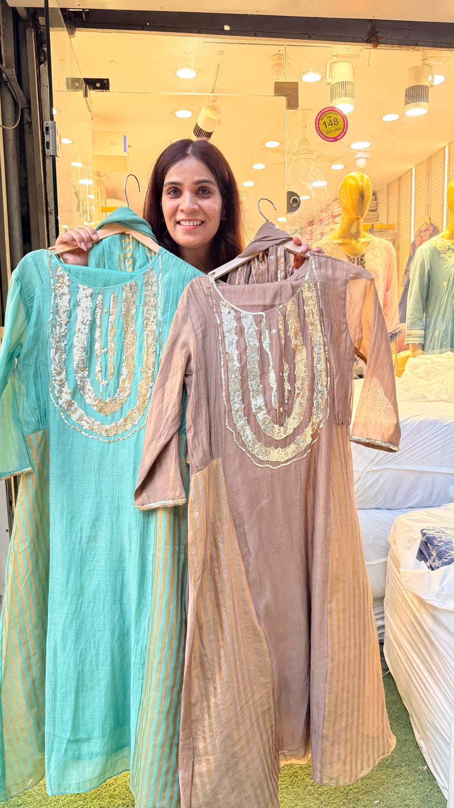 Seafoam Gold / Mocha Gold Mul Chanderi Suit Set
