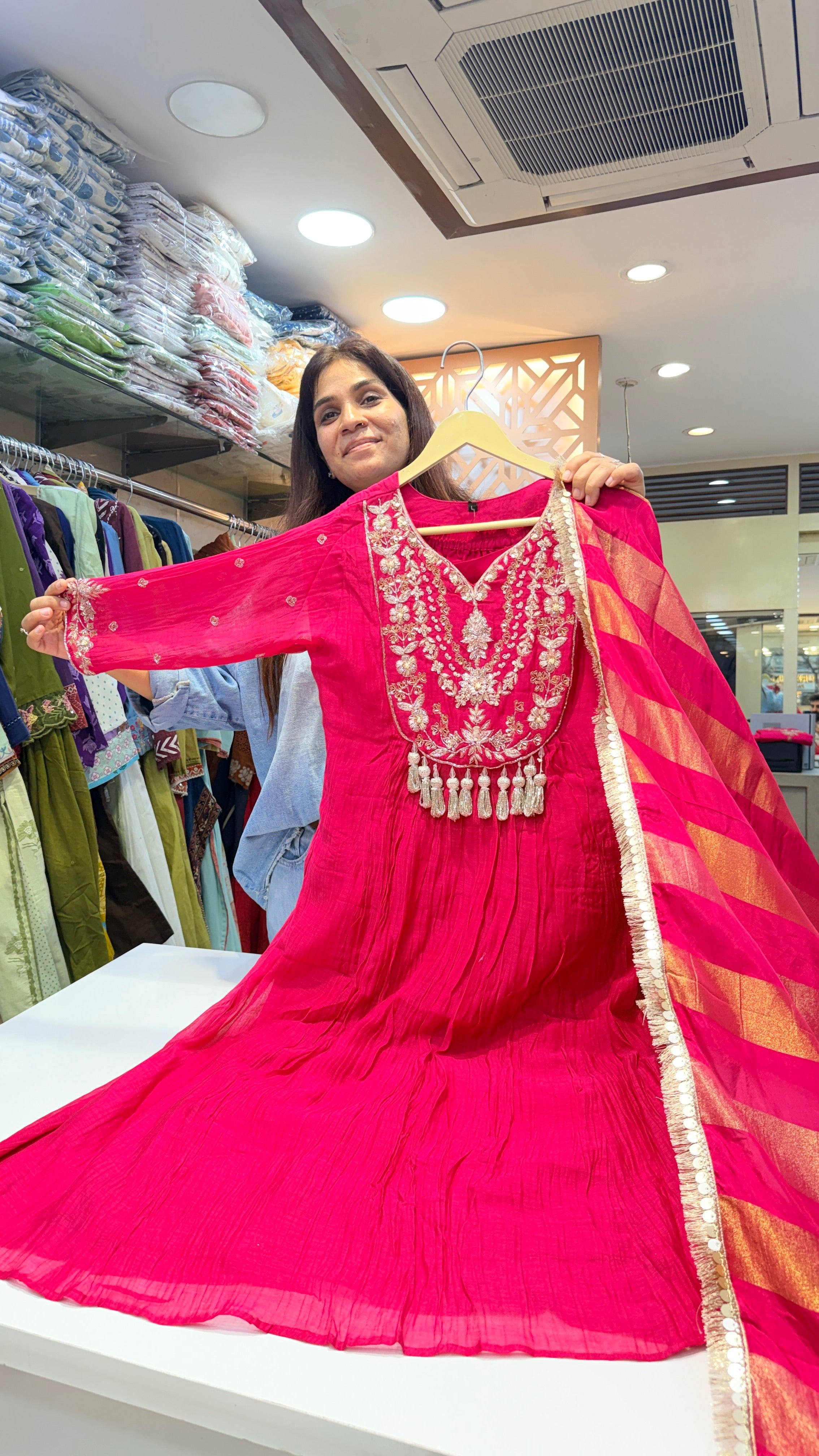 Rani Pink Hand Embroidered Festive Kurta Set