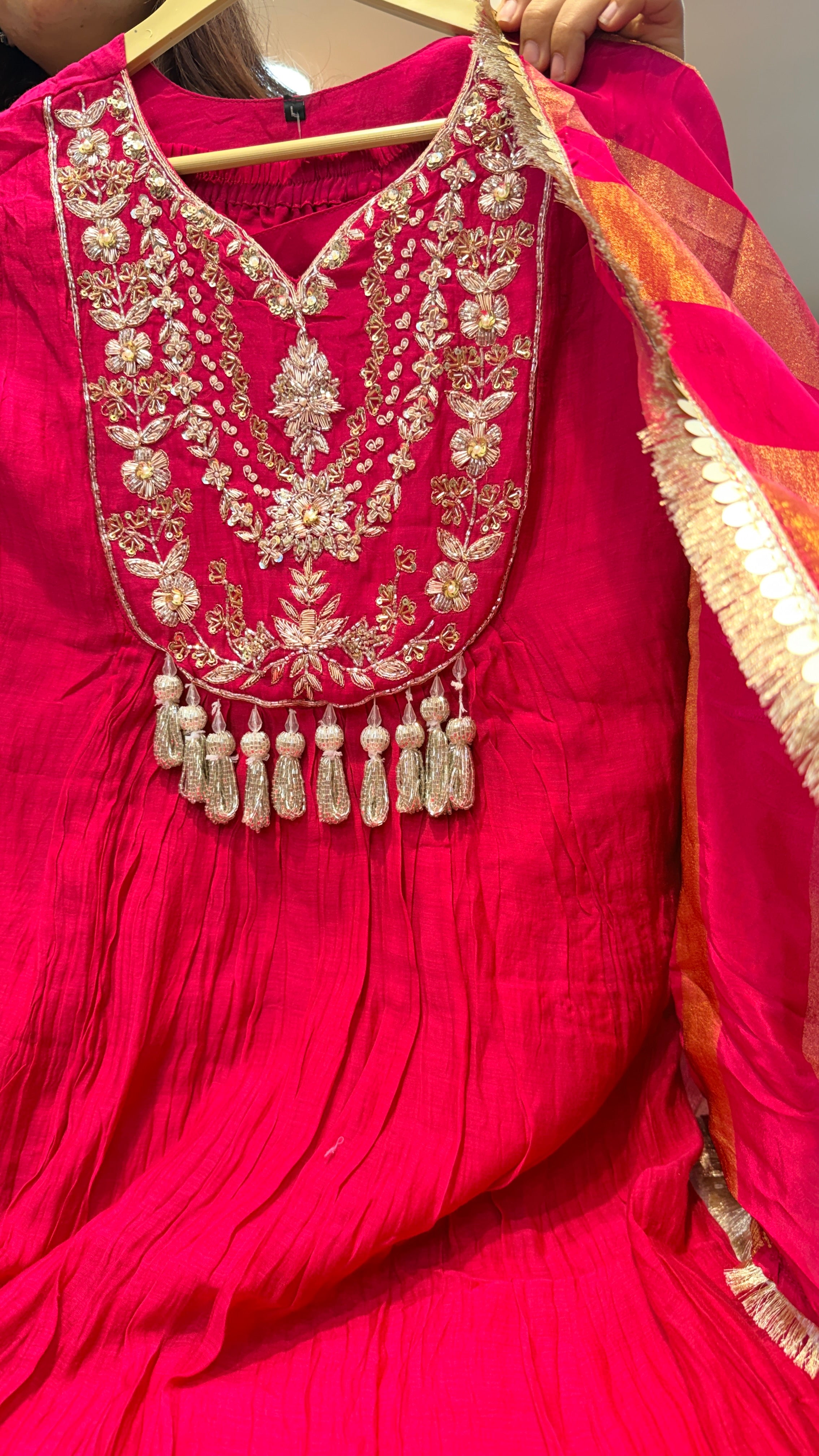 Rani Pink Hand Embroidered Festive Kurta Set