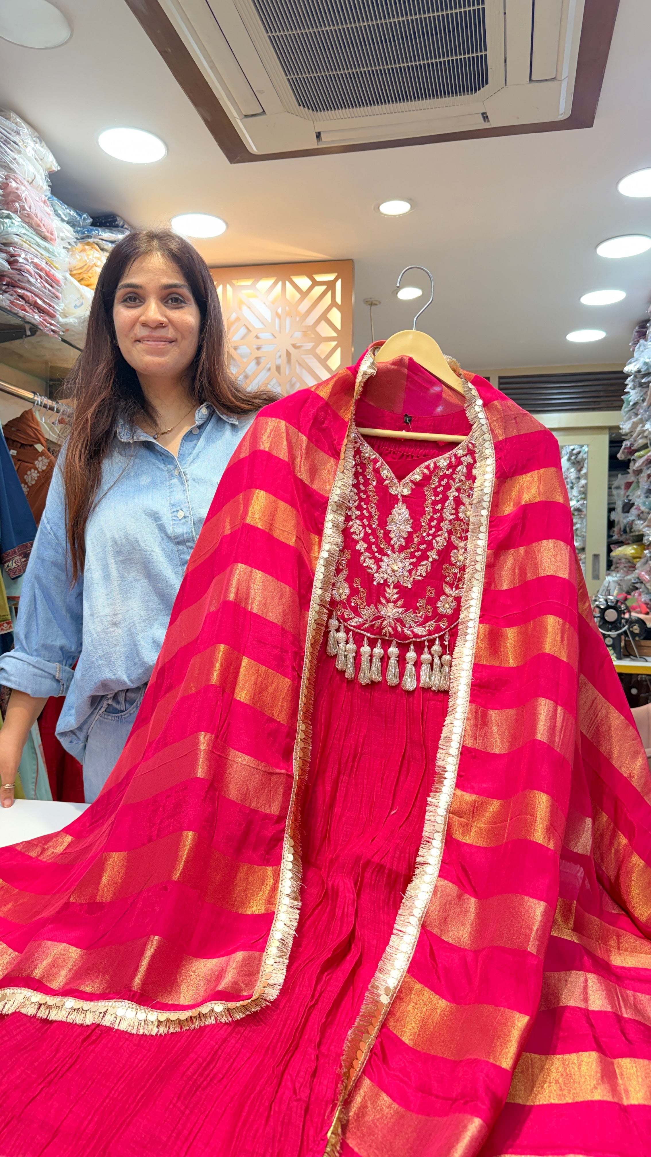Rani Pink Hand Embroidered Festive Kurta Set