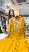 Intricate embroideredA line Suit Set with Dupatta – Mustard Gold