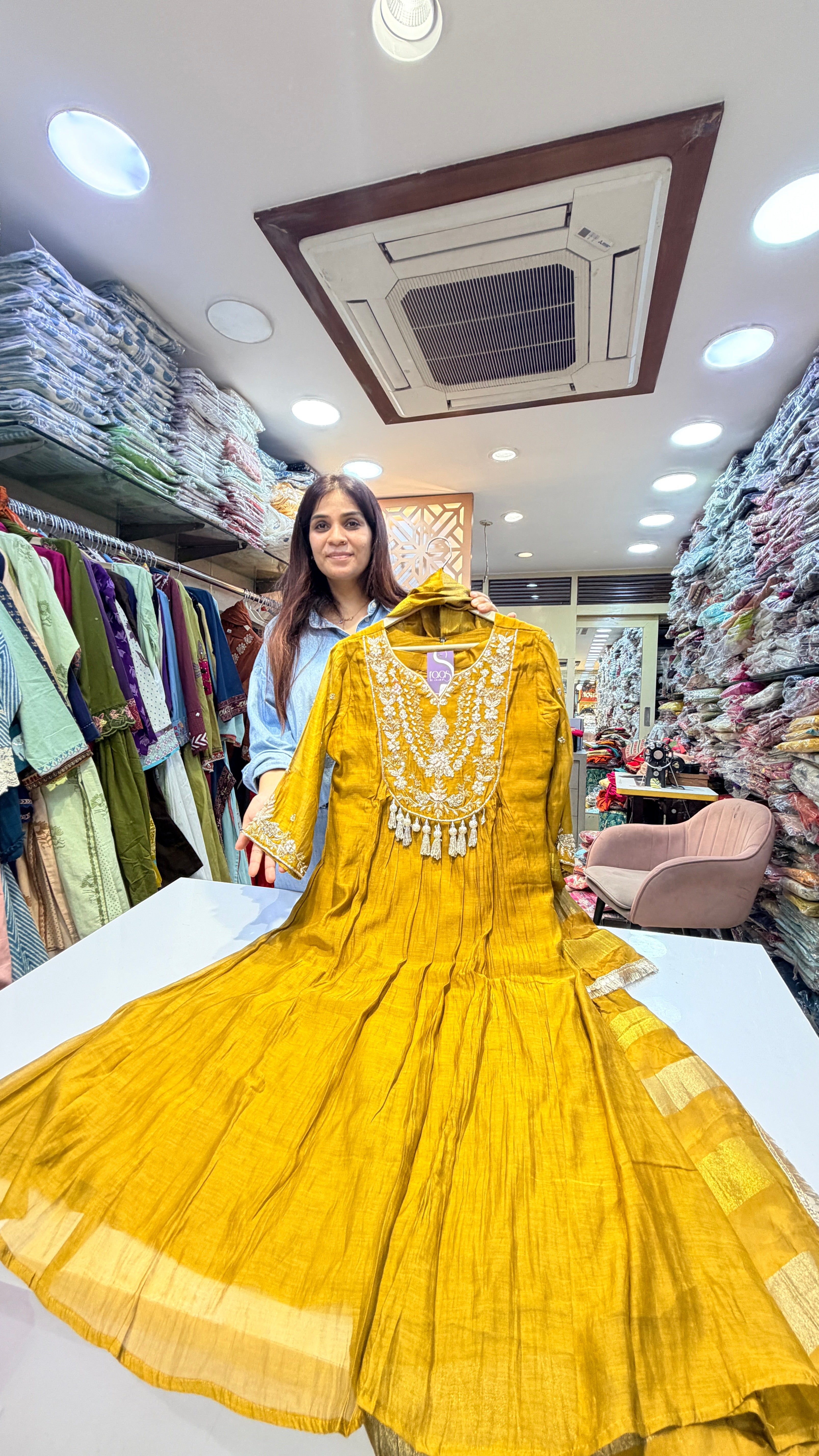 Intricate embroideredA line Suit Set with Dupatta – Mustard Gold