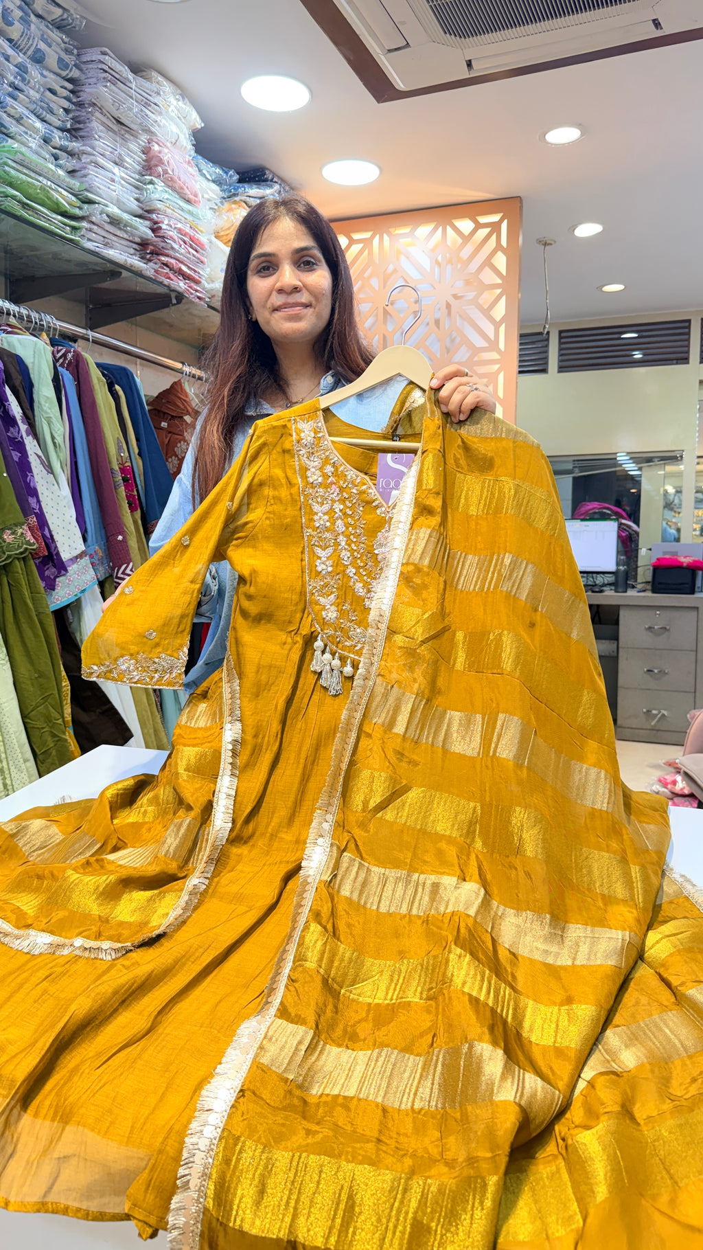 Intricate embroideredA line Suit Set with Dupatta – Mustard Gold