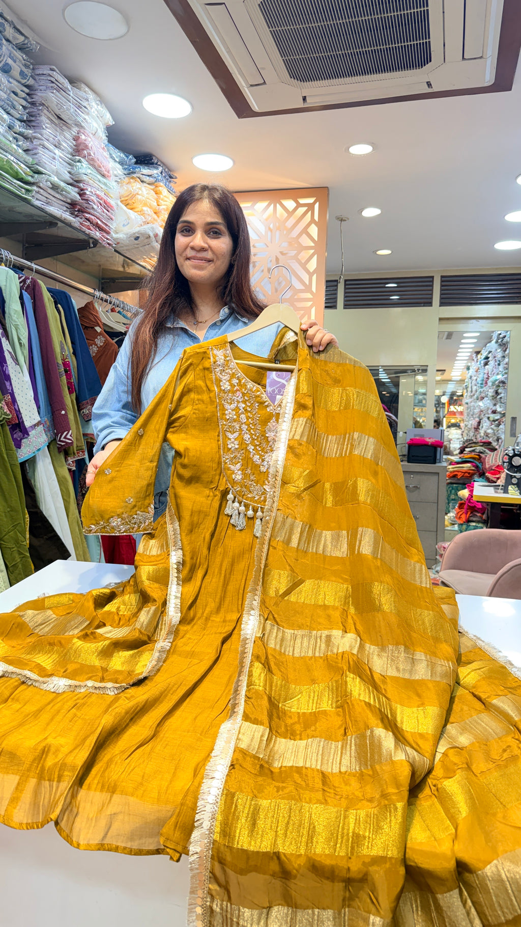 Intricate embroideredA line Suit Set with Dupatta – Mustard Gold