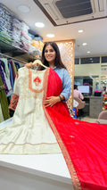 Ivory Embroidered Festive Kurta Set with Red Dupatta
