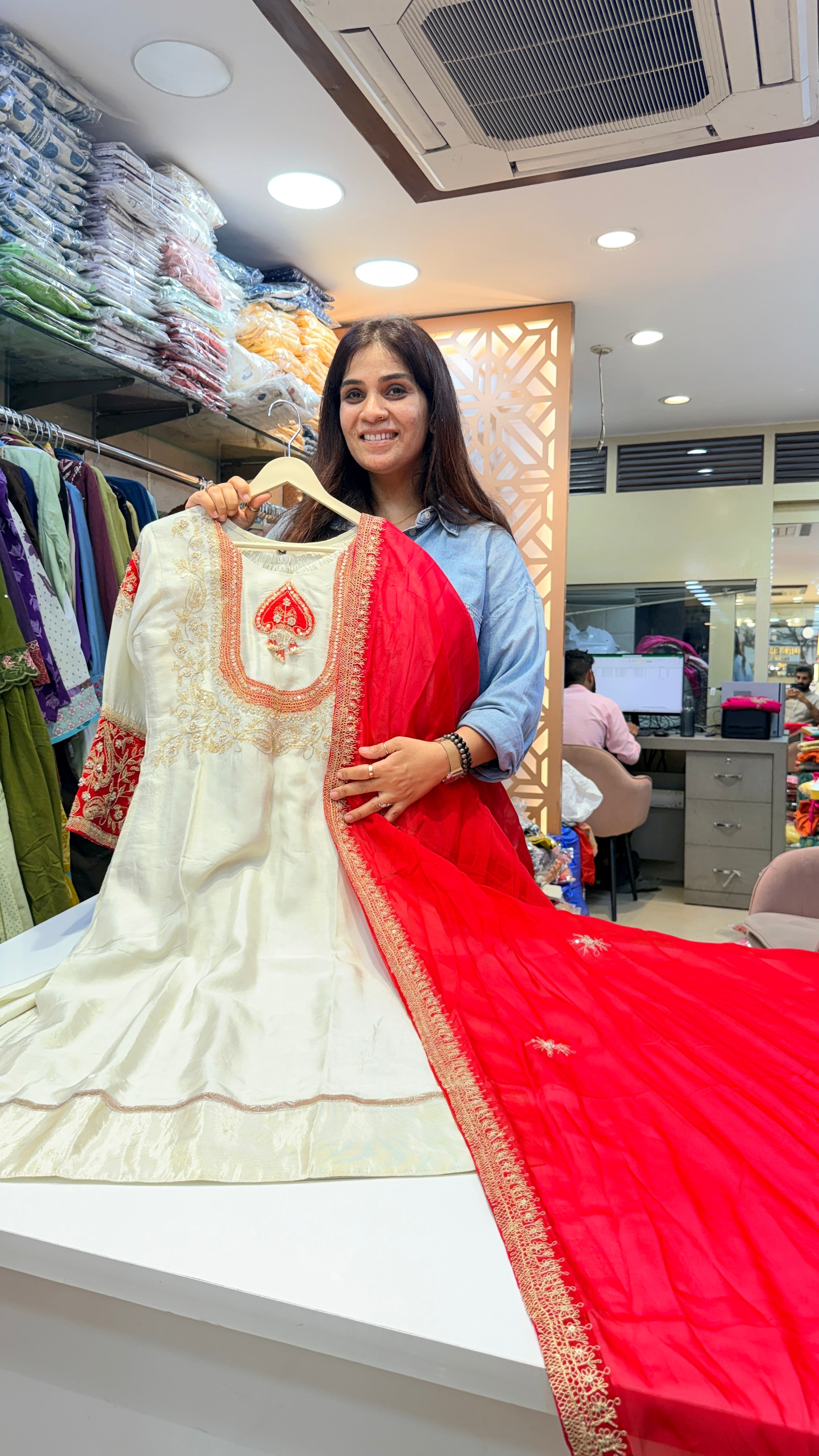 Ivory Embroidered Festive Kurta Set with Red Dupatta