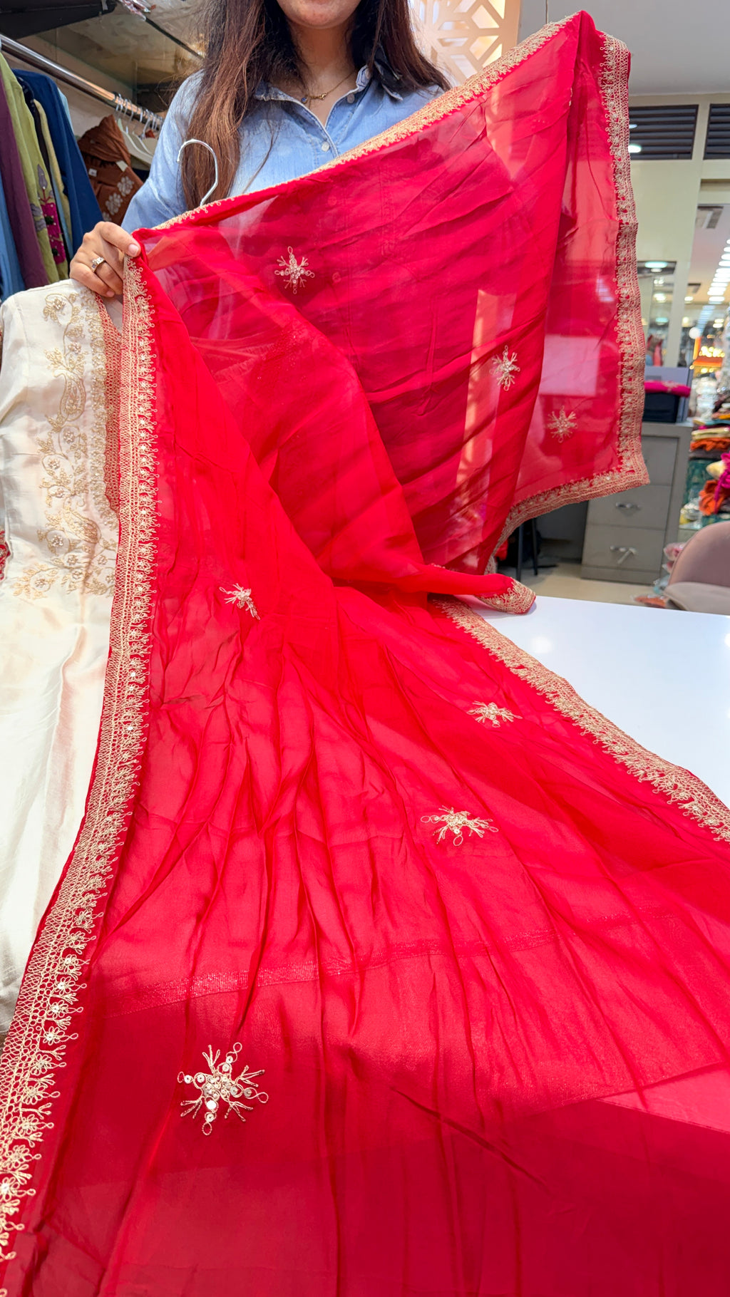 Ivory Embroidered Festive Kurta Set with Red Dupatta