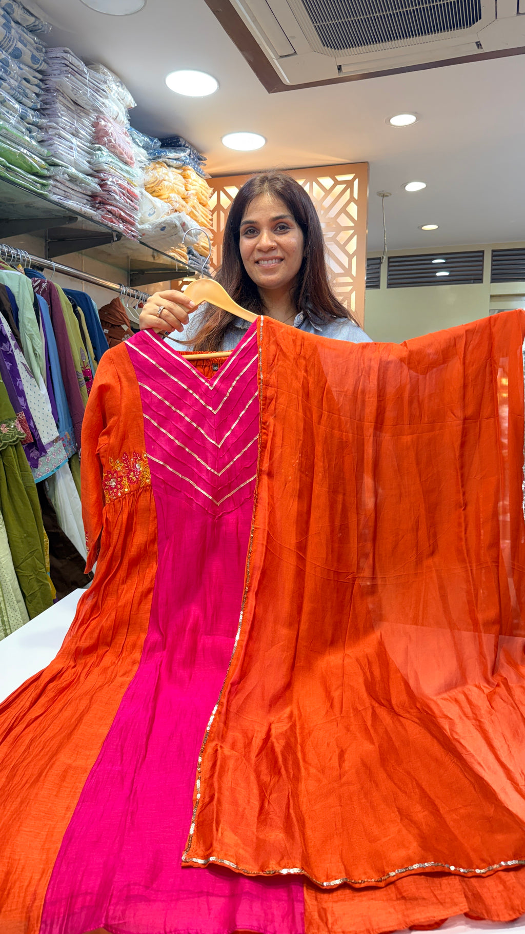 Pink & Orange Mul chanderi Suit Set