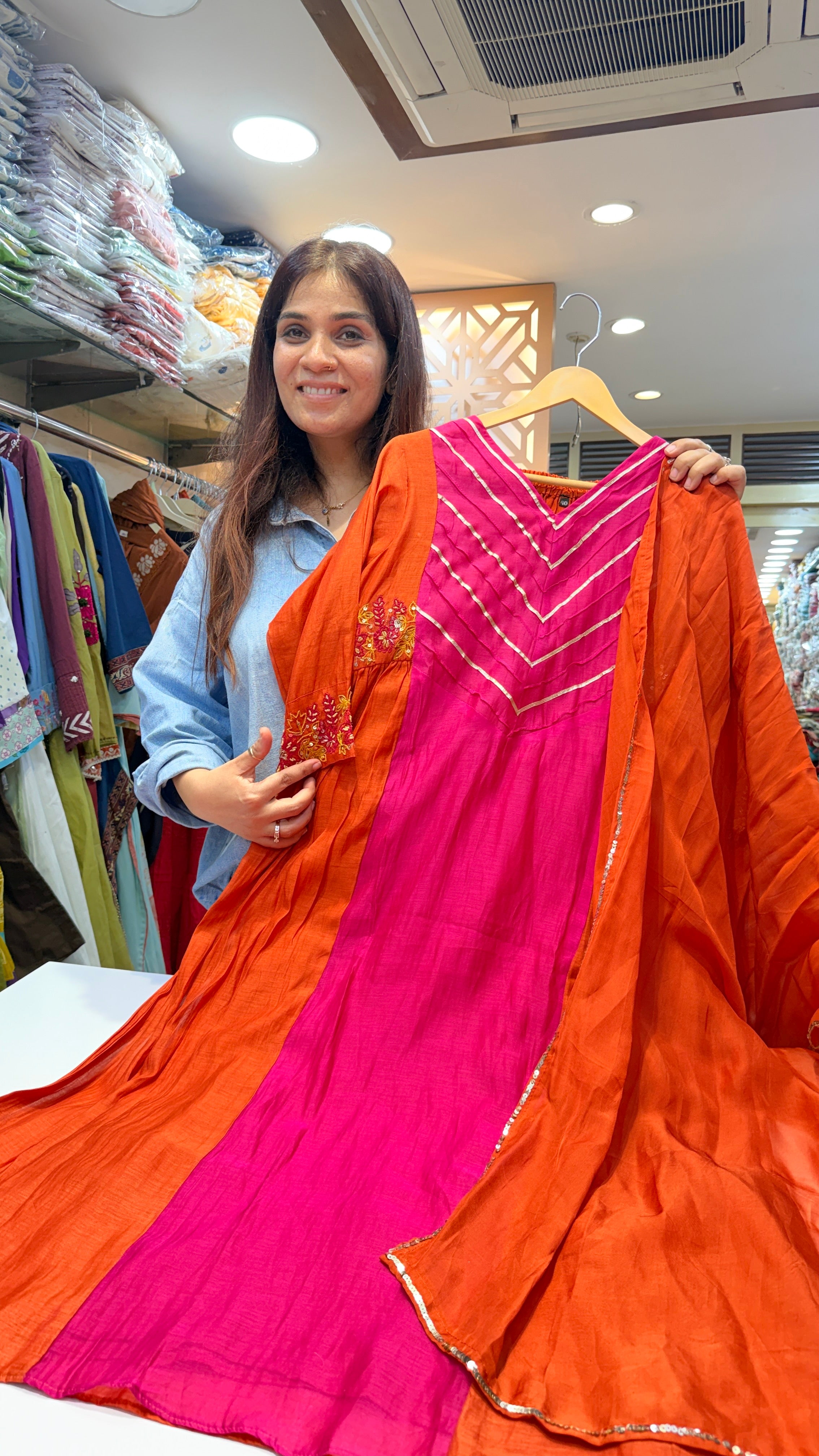 Pink & Orange Mul chanderi Suit Set