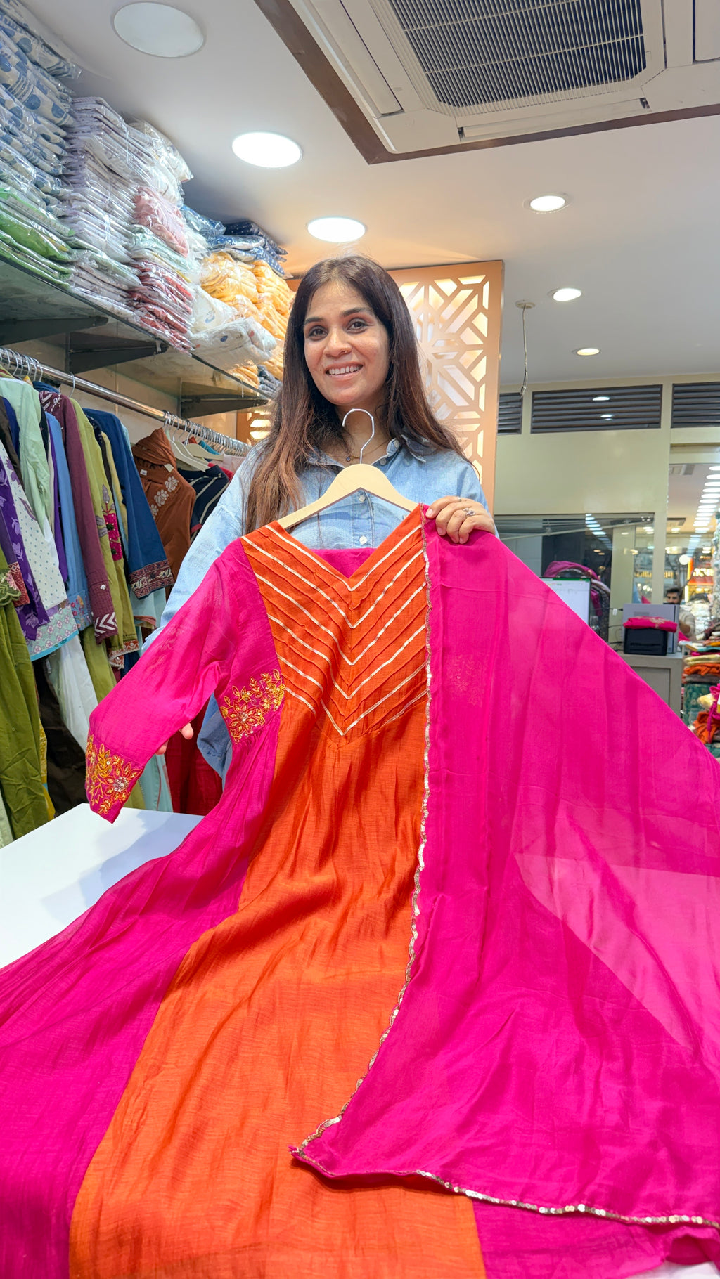 Orange A line Suit Set with Pink Dupatta & Embroidered Sleeves