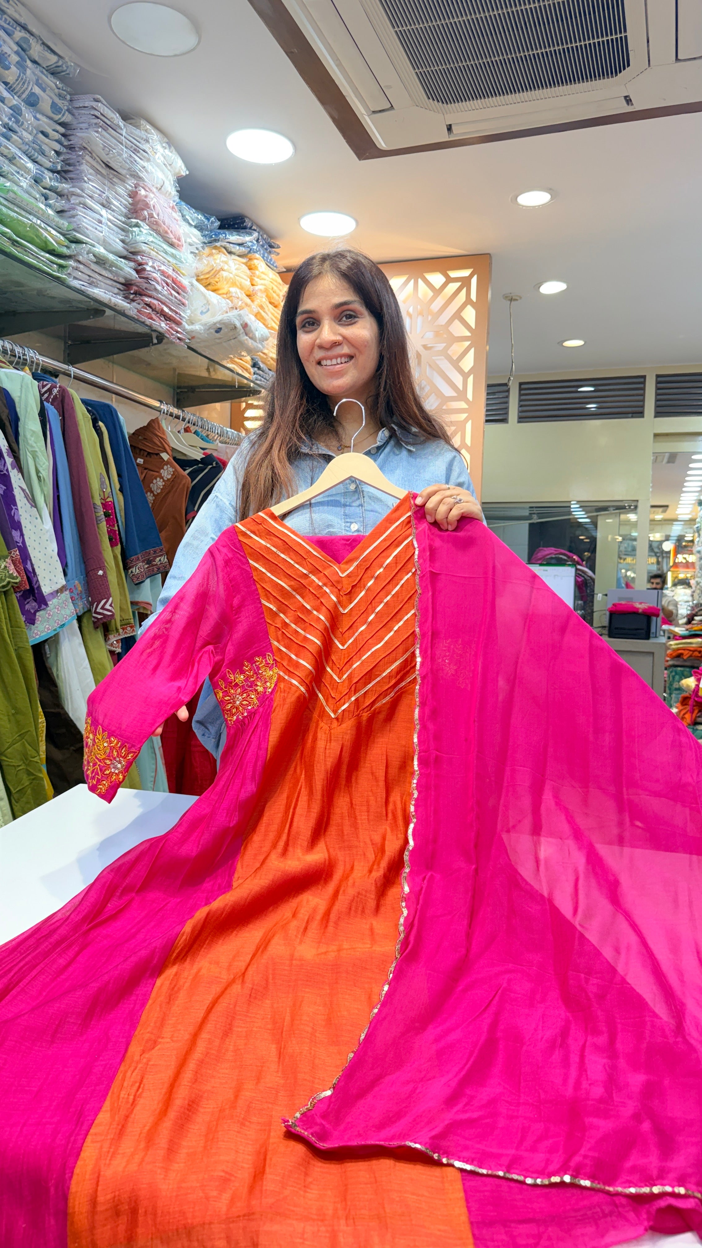 Orange A line Suit Set with Pink Dupatta & Embroidered Sleeves