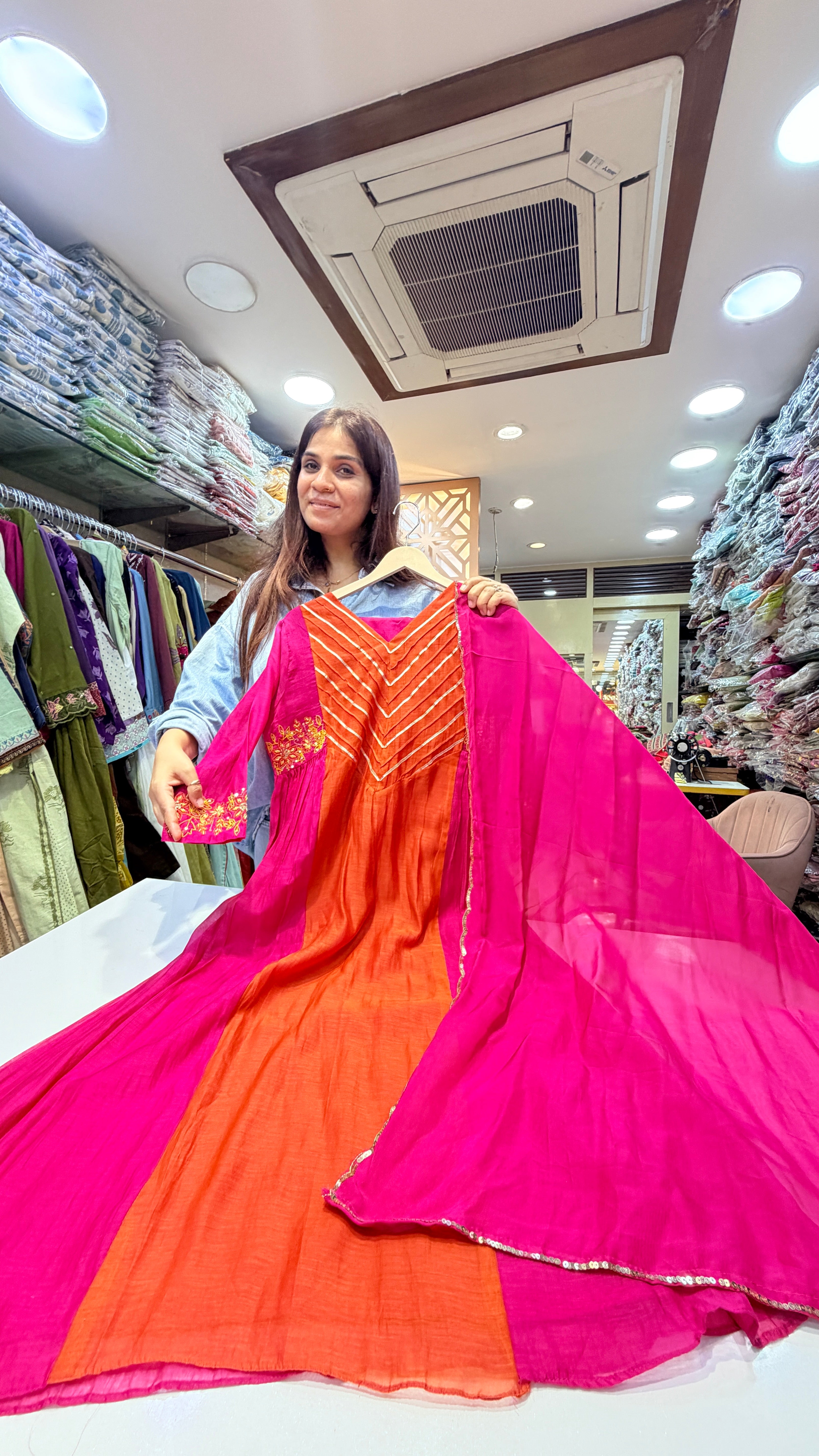 Orange A line Suit Set with Pink Dupatta & Embroidered Sleeves